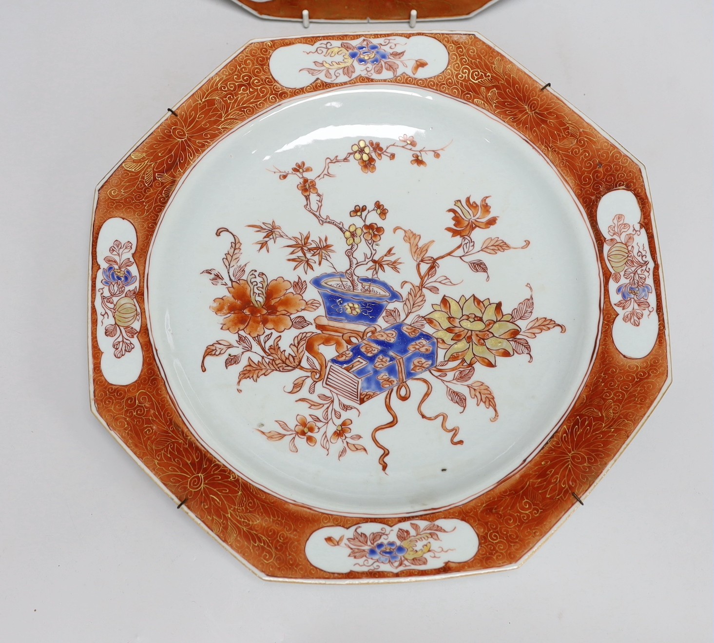 A pair of Chinese rouge de fer and blue enamelled octagonal dishes, early Qianlong period, c.1740, 32.5cm